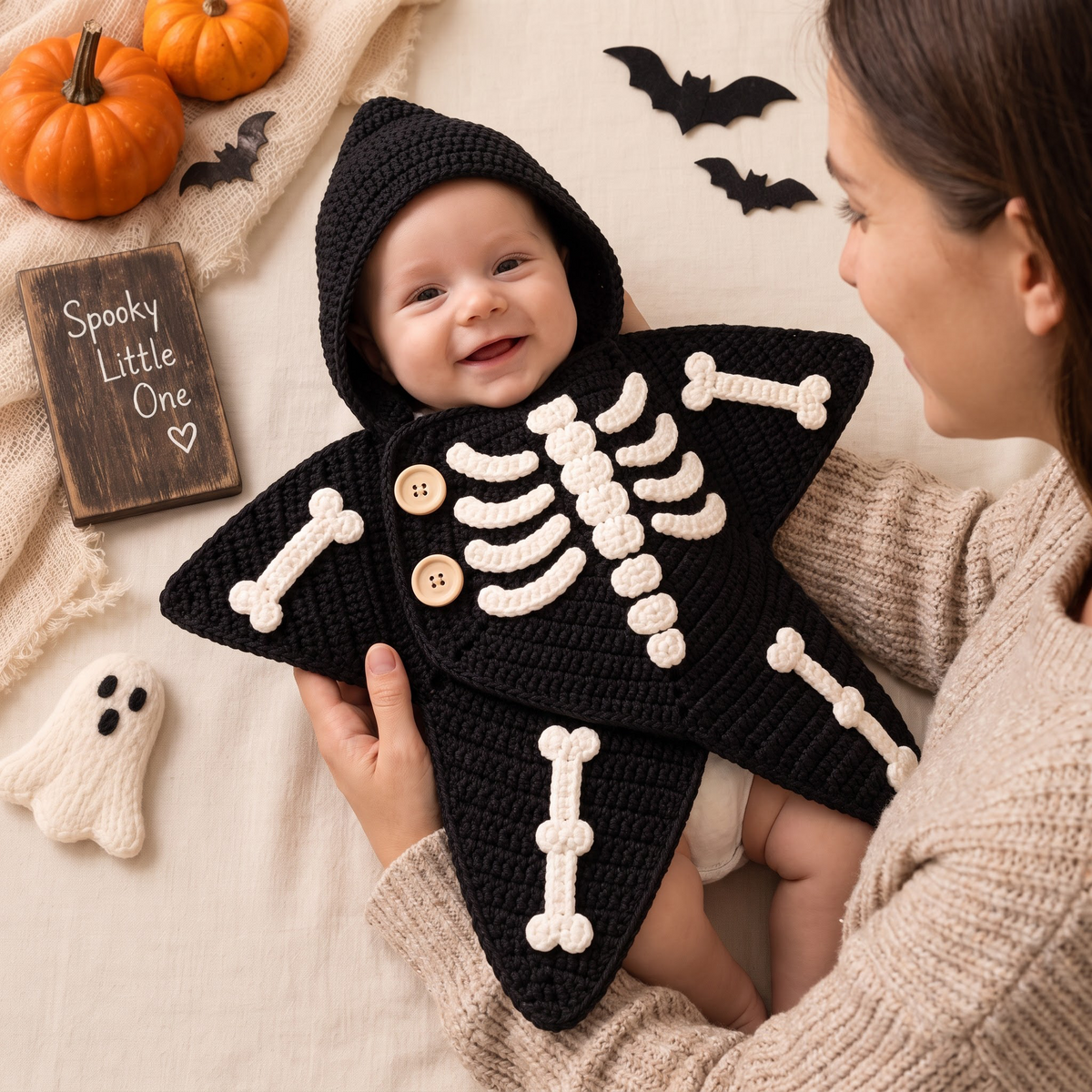 Parent cuddling baby in a knitted star outfit