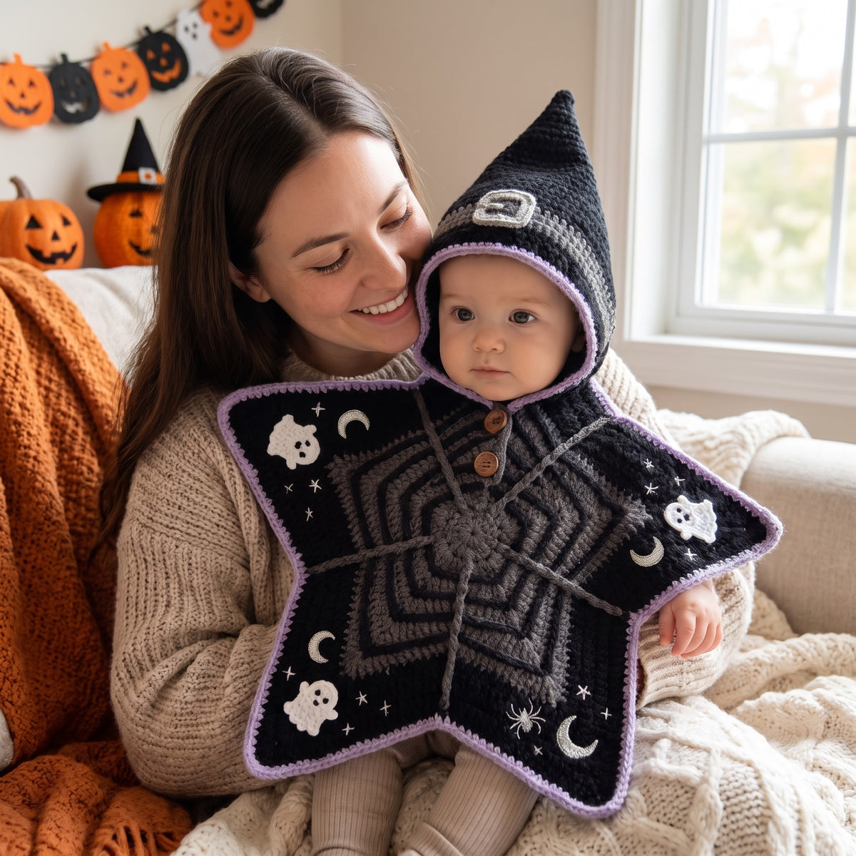 Happy baby being lifted in a knitted outfit