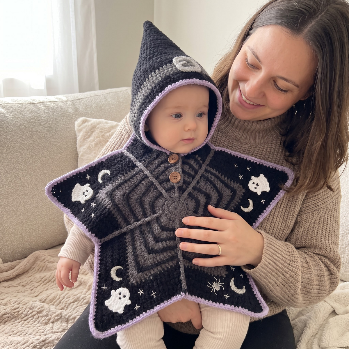 Parent holding baby in a purple knitted star outfit