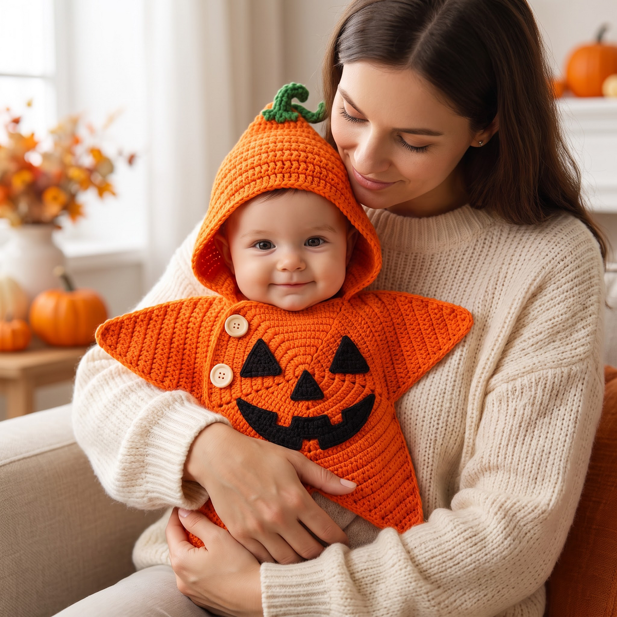 Parent kissing baby wearing a cosy star outfit