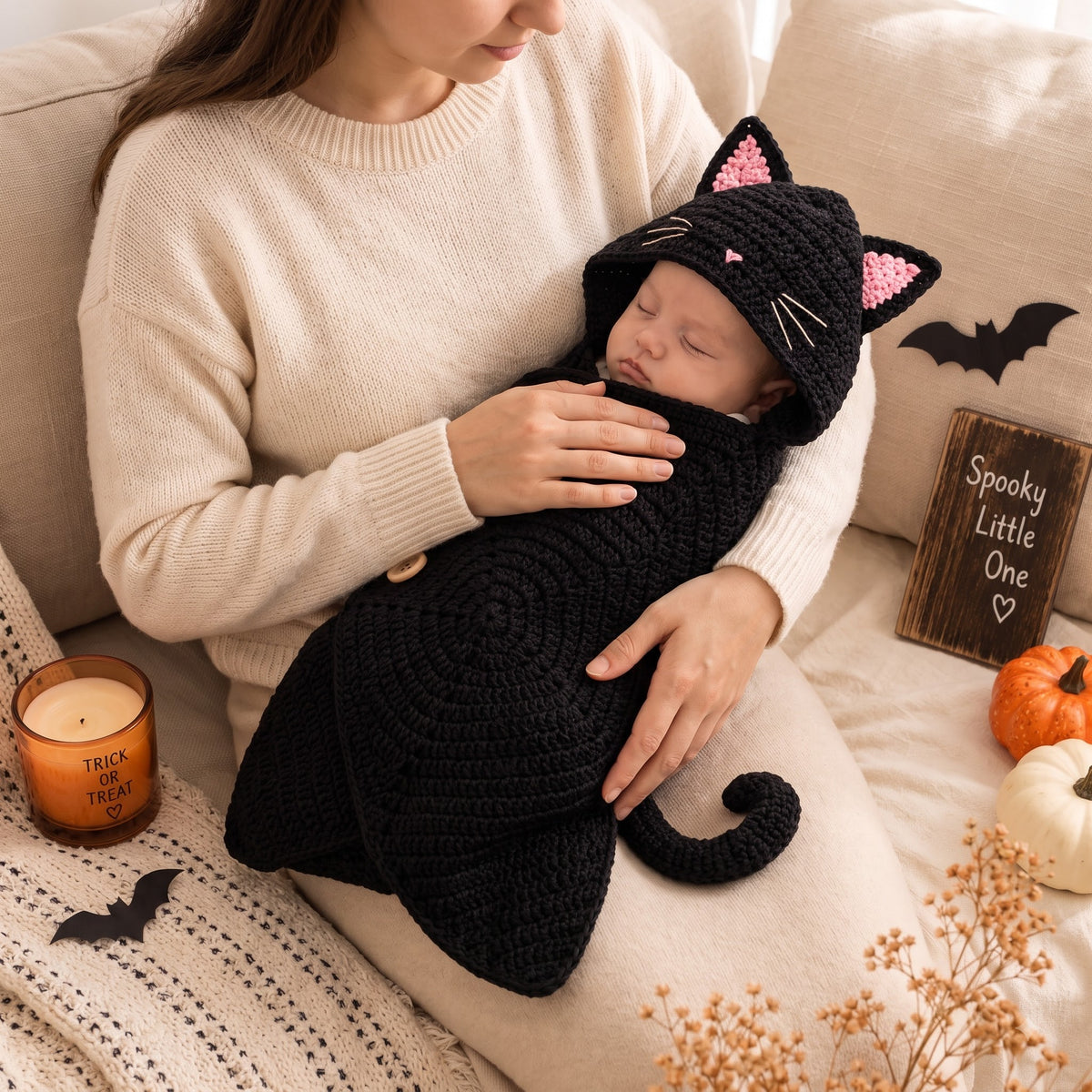 Parent holding baby in a blue knitted star outfit