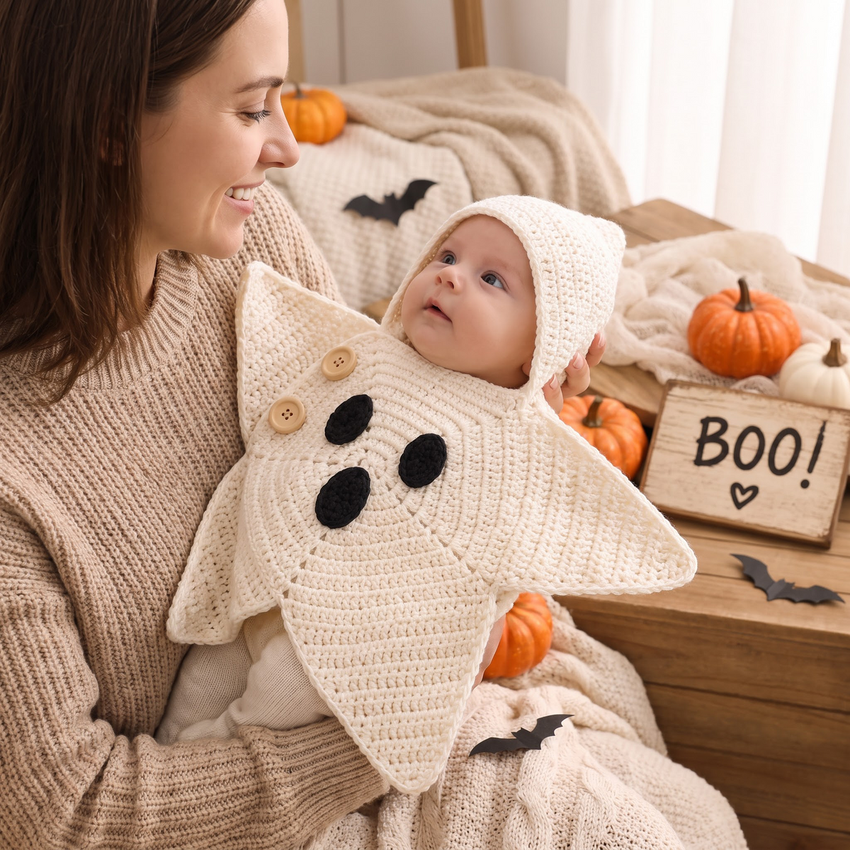 Parent holding baby in a cosy knitted outfit